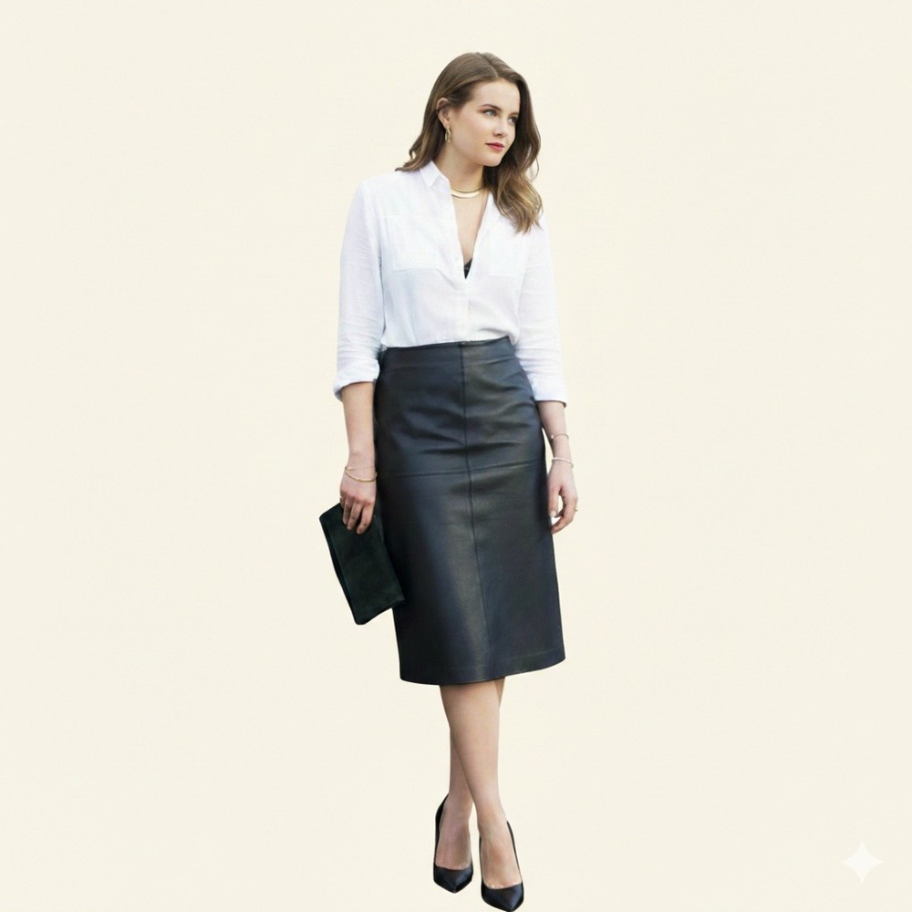 Learsi‎ Pencil Skirt Size 10 Black Genuine Leather High Waisted Slit 29" Waist
